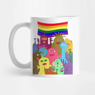 Halloween gay pride celebration. Group of cute alien monsters with lgbtq rainbow flag. Mug